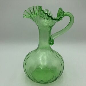 Vintage  Art Glass Ruffled Top Pitcher 9" Green Italy? Toscany Neapolitan DAMAGE